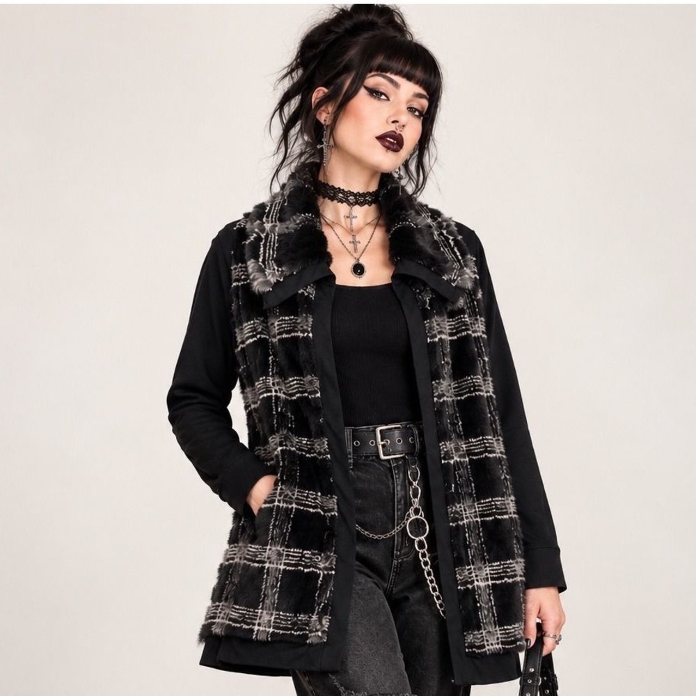 Capote Faux Fur Trim Open Front Cardigan XS Plaid Faux Fur Cozy Layer Soft Goth